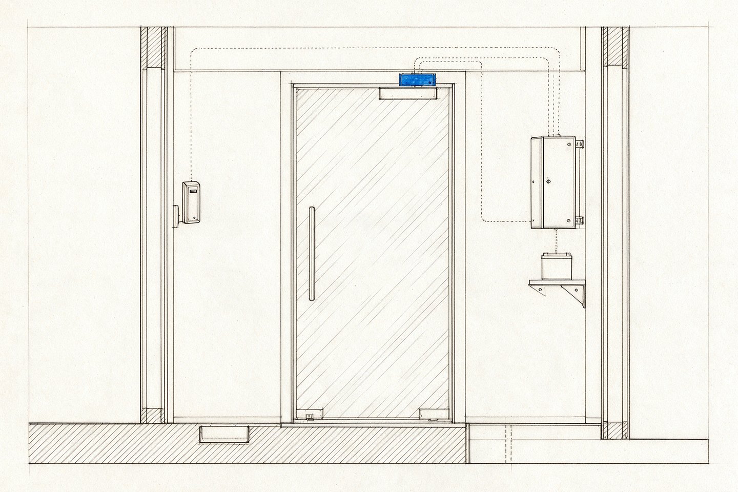 A lobby door with a magnetic lock at its head, a card reader beside it, and cables to a controller and a standby battery.