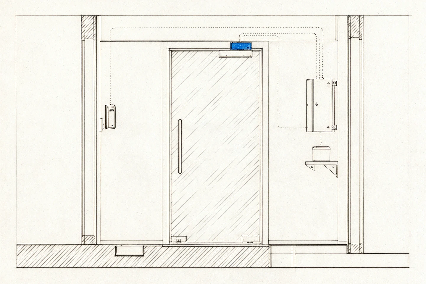 A lobby door with a magnetic lock at its head, a card reader beside it, and cables to a controller and a standby battery.