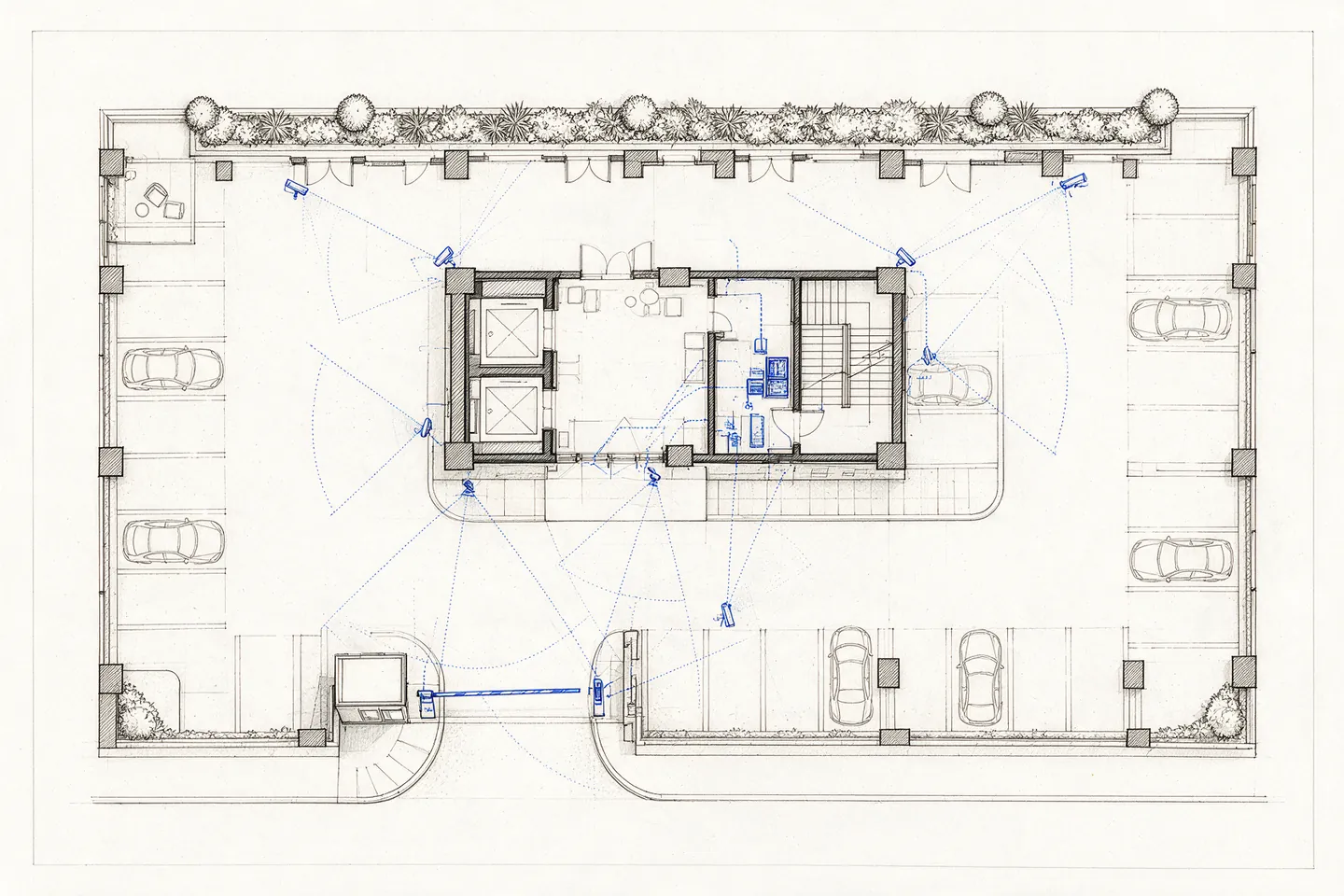 Illustrative floor plan of a condominium entrance level: guardhouse, boom barrier, car park, lift lobby and equipment room, with the cameras, readers and their cable routes drawn in blue.