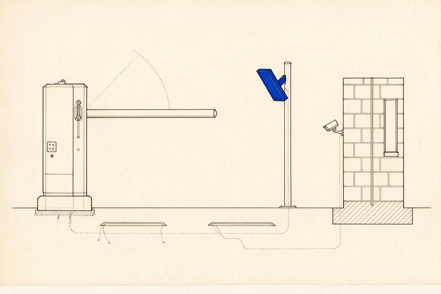 A car park entrance drawn in elevation: a boom barrier with its arm across the lane, a long-range reader on a post above it, a camera on the wall at plate height, and two induction loops set into the deck.