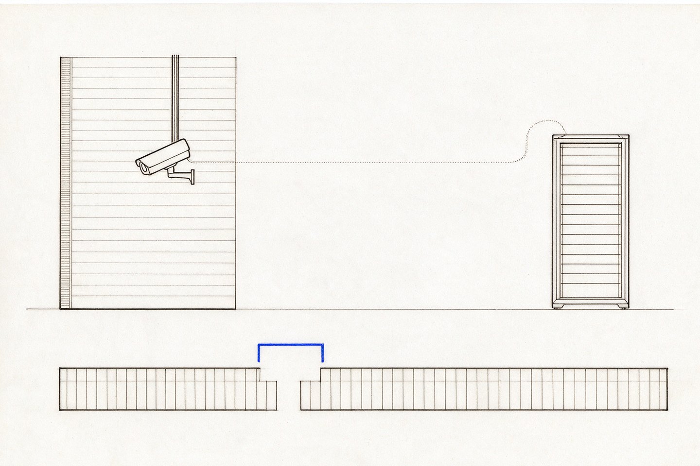 A wall camera wired to a recorder rack, above a recording timeline with one short run missing.