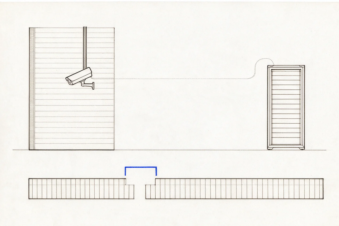 A wall camera wired to a recorder rack, above a recording timeline with one short run missing.