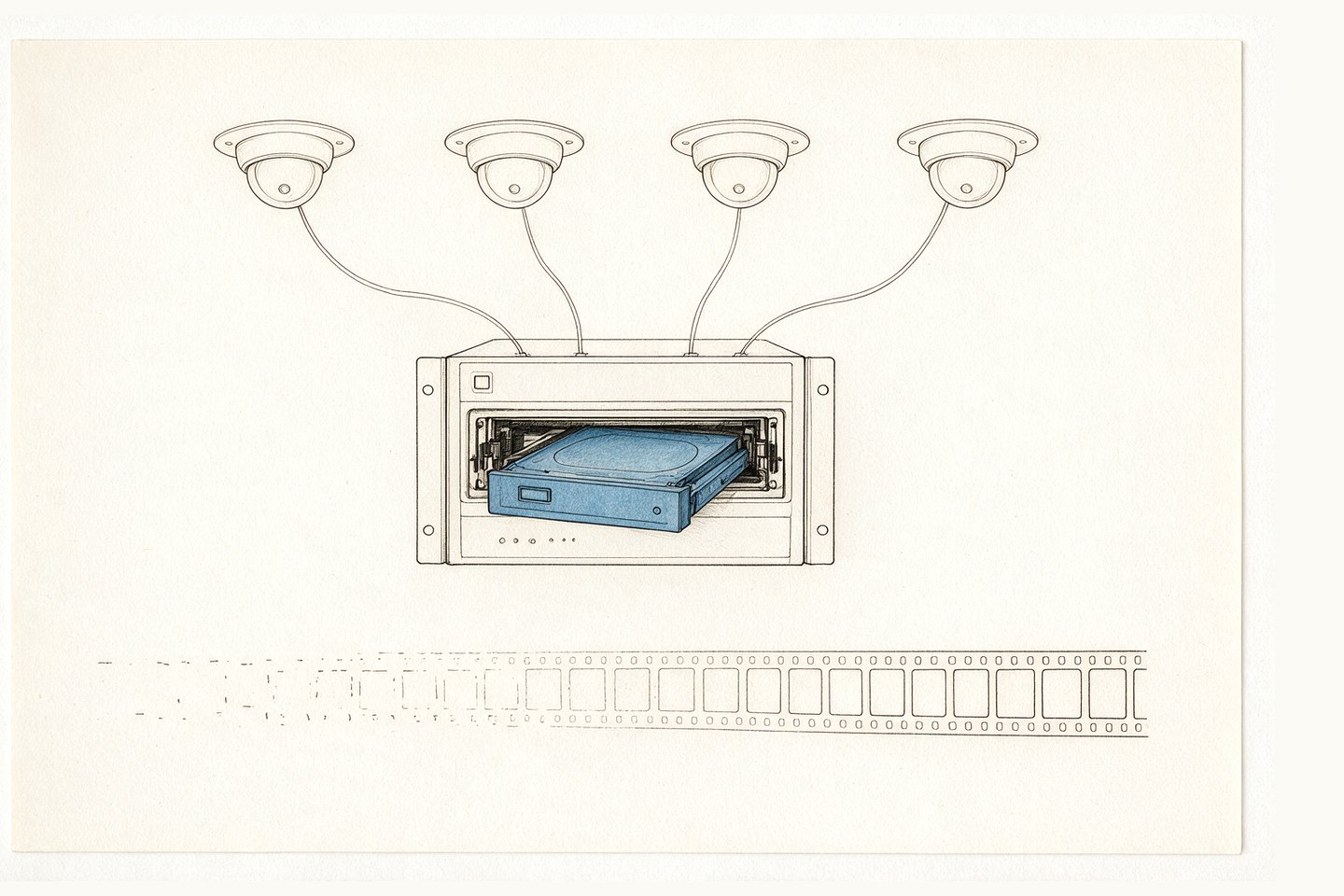 Four condominium CCTV cameras feeding one recorder, and a strip of recorded days breaking up and disappearing at the oldest end.