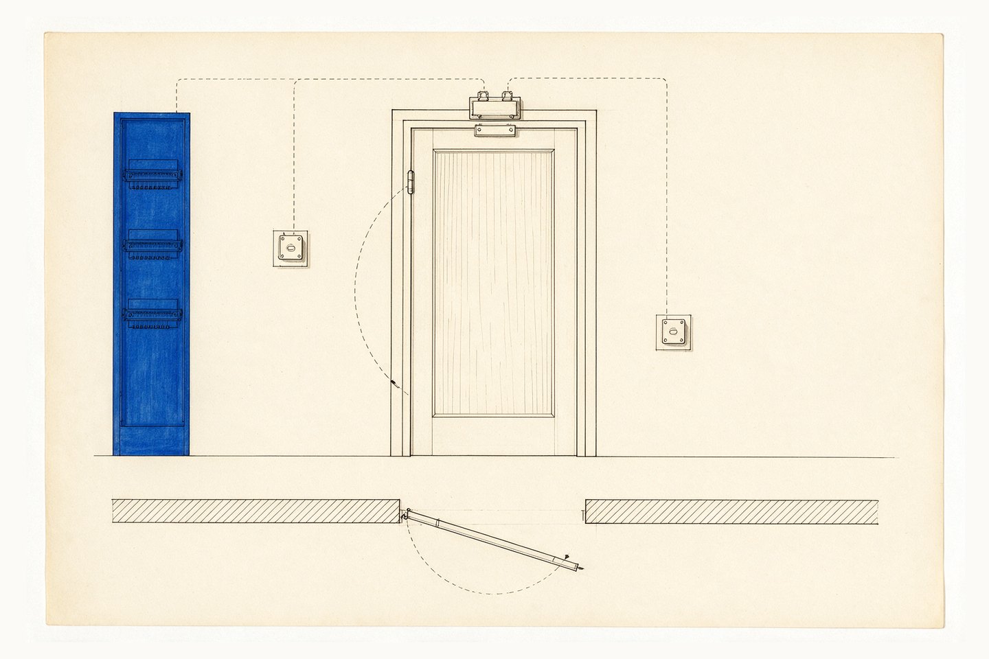Elevation of a staircase doorway with an electromagnetic lock above the frame, a reader outside and a release inside, both cabled back to a panel enclosure drawn in blue.