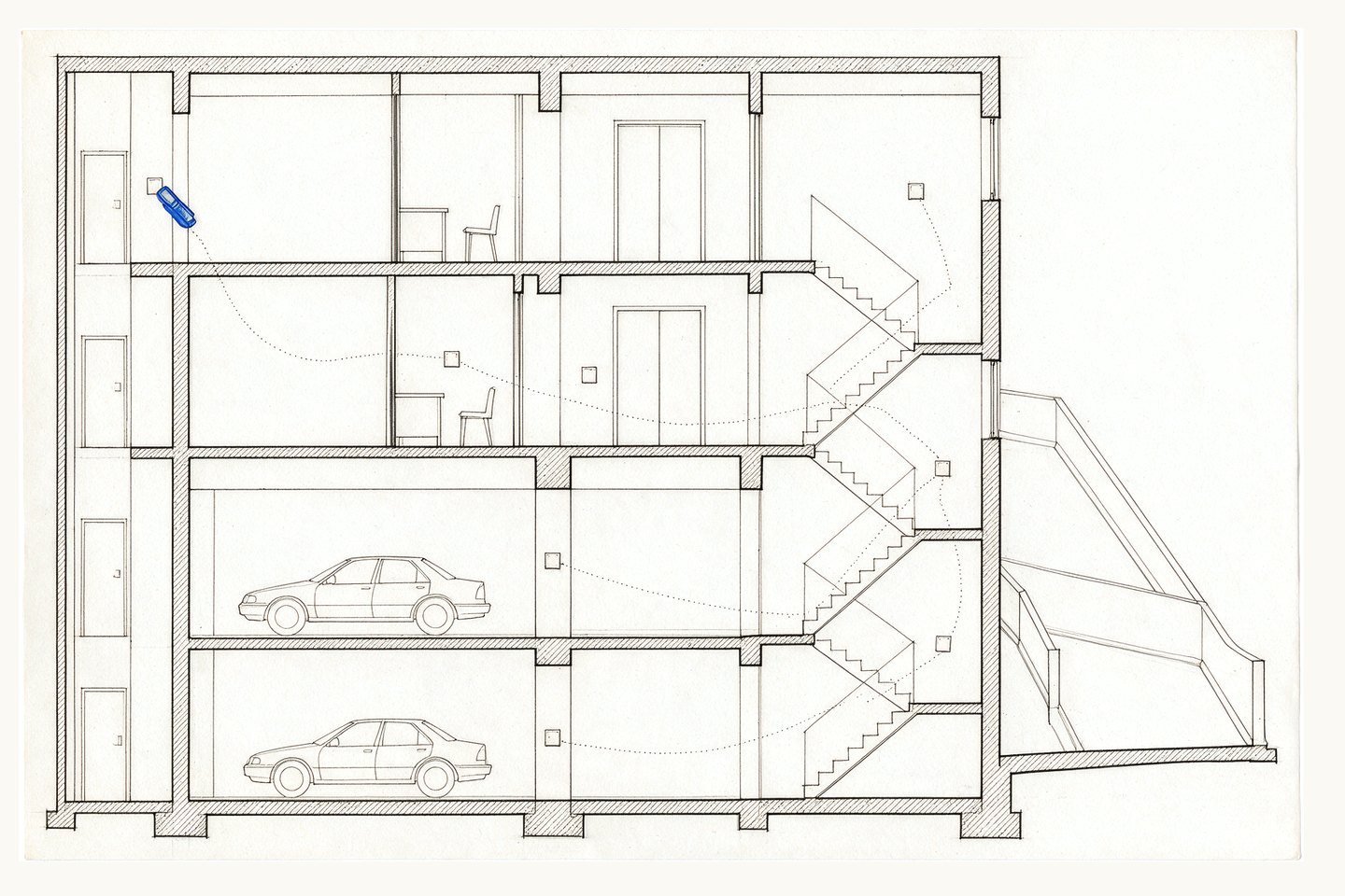 Tower section: a dotted patrol route links checkpoints at the riser, guardroom, lift lobby, stairs and car parks; the reader, in blue, is at the riser.