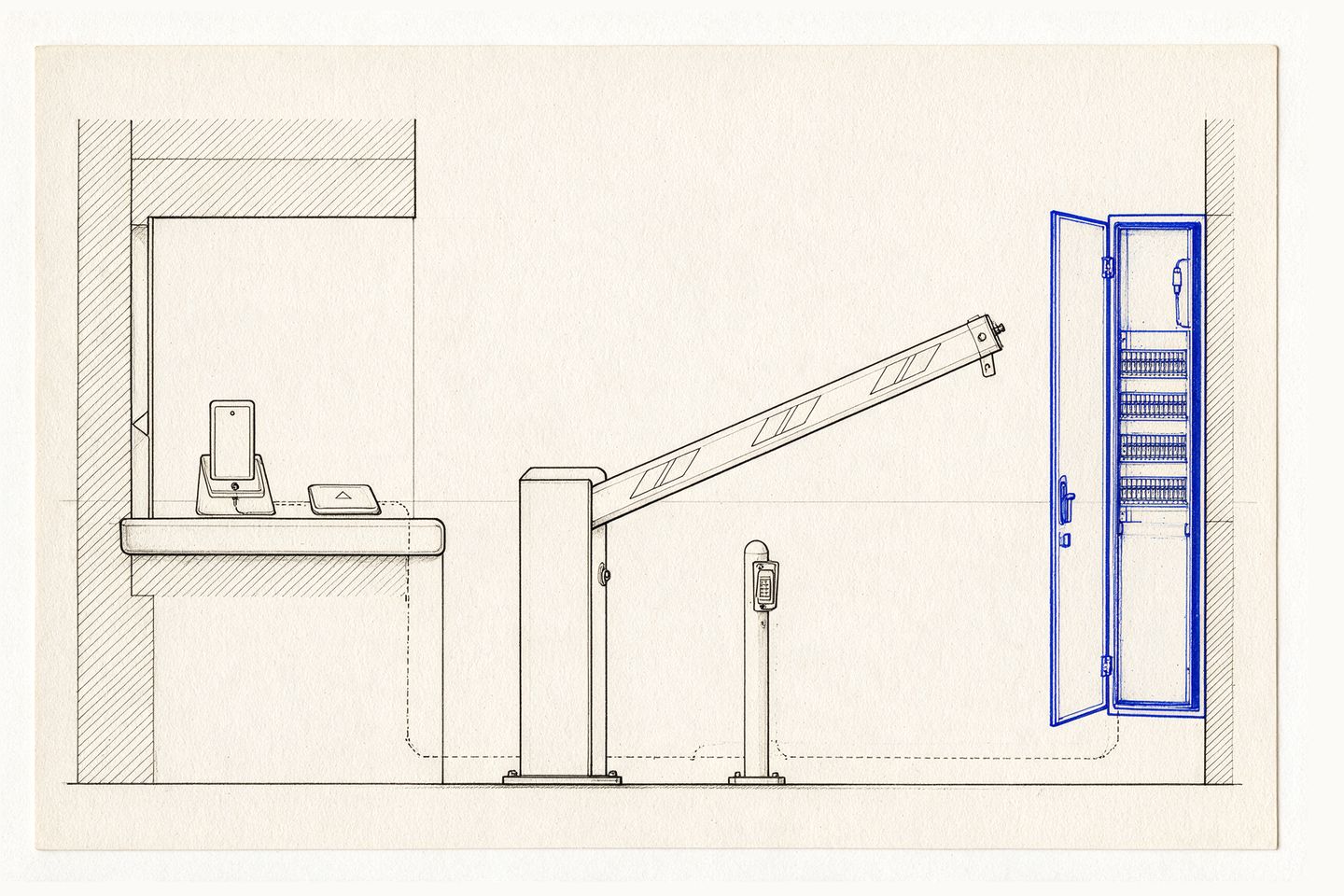 Elevation of a condominium guardhouse counter with a visitor terminal and card reader on the counter top, a barrier arm beyond it, and a cable route running back to a panel enclosure drawn in blue.
