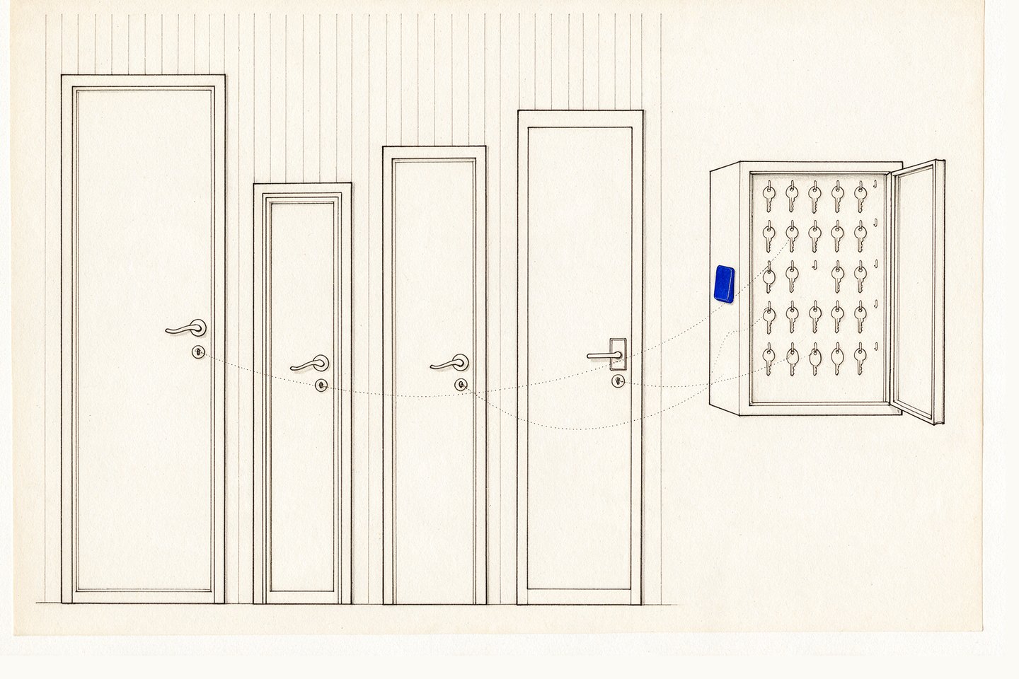 Condominium key management: four service doors, hairlines from their locks to hooks in a key cabinet, one hook empty.