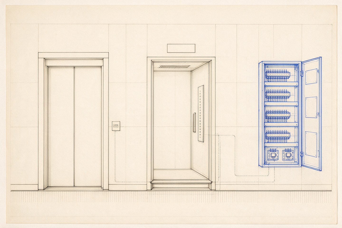 Elevation of a condominium lift lobby with a card reader beside the landing doors and a car operating panel beyond it, the cable route from the reader running back to a control enclosure drawn in blue.