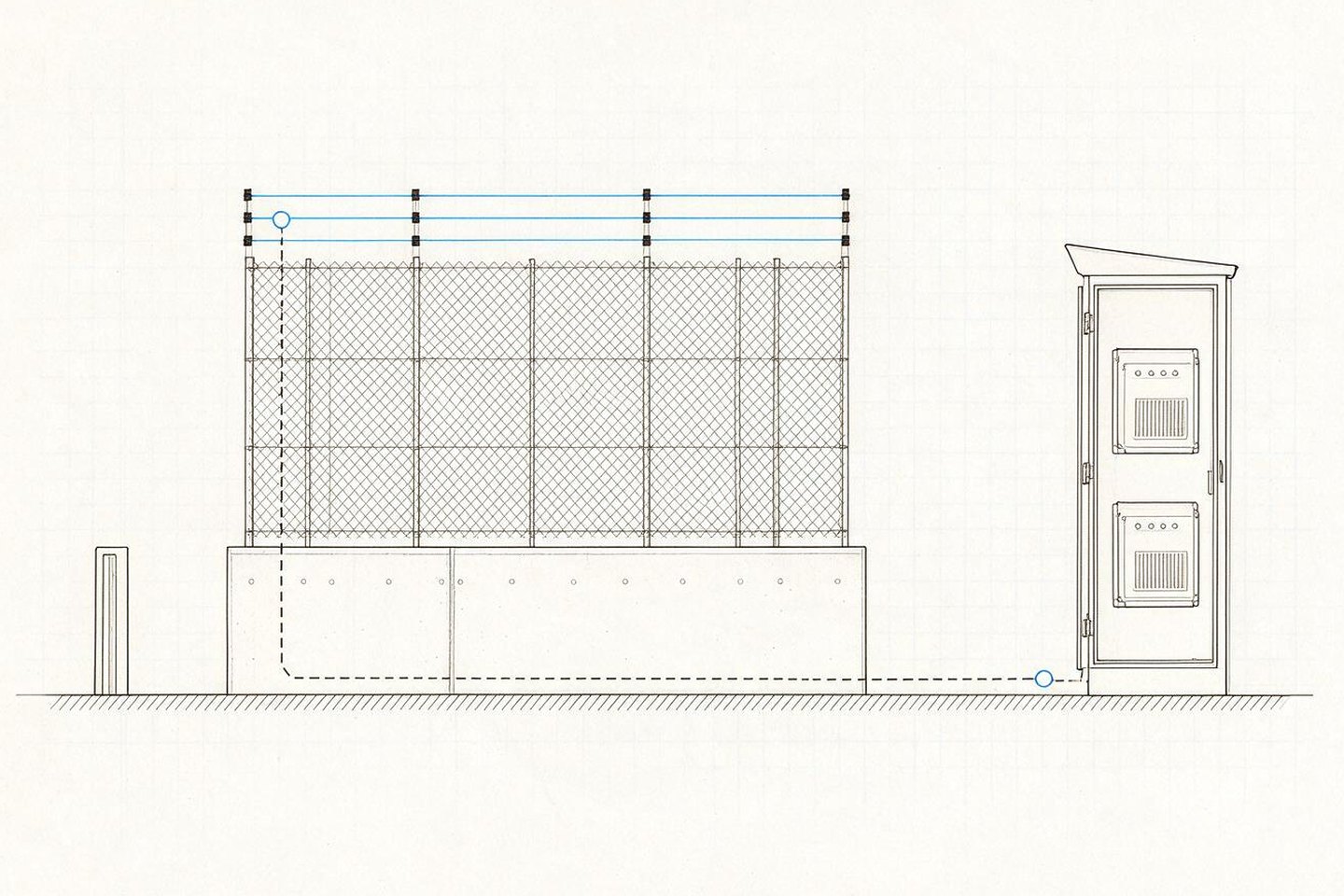 Elevation of a condominium boundary: a low wall carrying a mesh fence, pulsed wires on insulator standoffs along the top drawn in blue, and a dashed circuit running to a cabinet at the right housing the energizer.