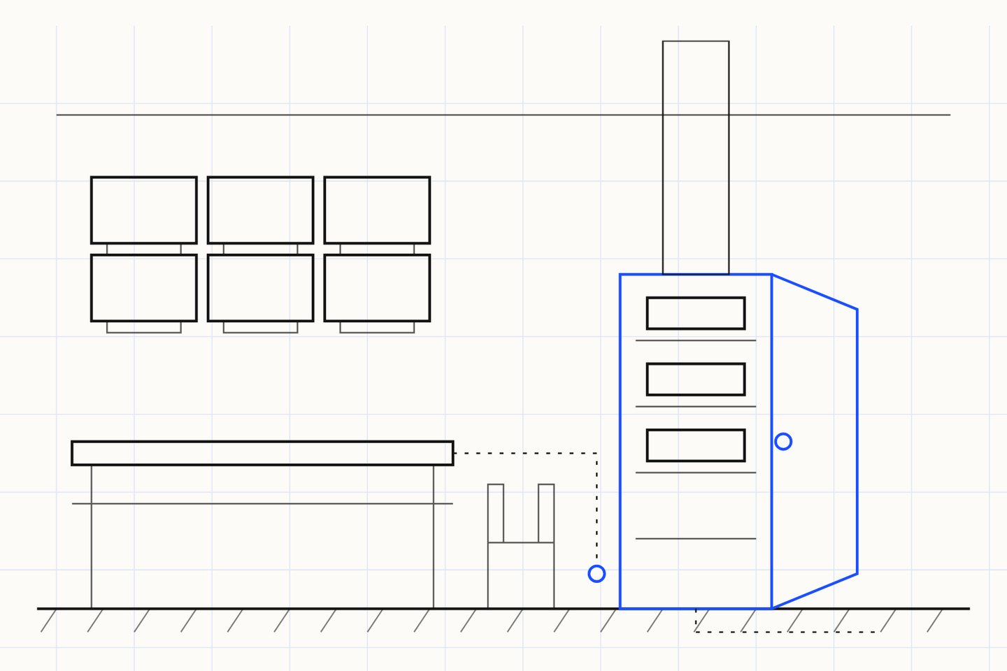 Elevation of a building&rsquo;s security monitoring position: a bank of screens on the wall above a counter, and beside it a tall lockable equipment cabinet drawn in blue, its door open on a stacked recorder and controller, with a service riser leaving the top of the frame.