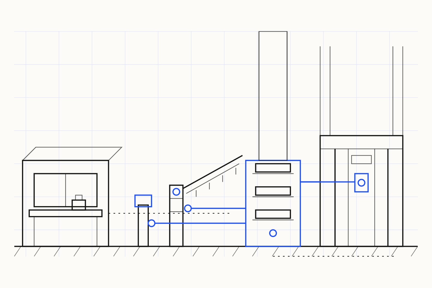 Elevation of a condominium entrance showing three of the points in a visitor’s journey: a guardhouse counter with a hand scanner on it, a vehicle barrier with its own reader pedestal, and a reader inside a lift car, with the access controller and intercom head end drawn in blue between them, cabled out to each, and the service riser rising behind the cabinet.