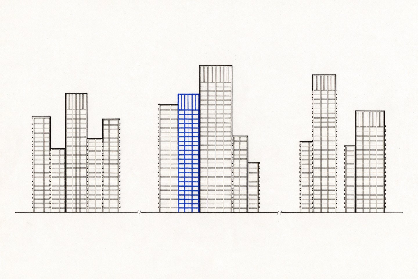 Three clusters of tower outlines of varying height stand on one ground line, with the clusters separated by ruled breaks. No cluster is labelled or identified.