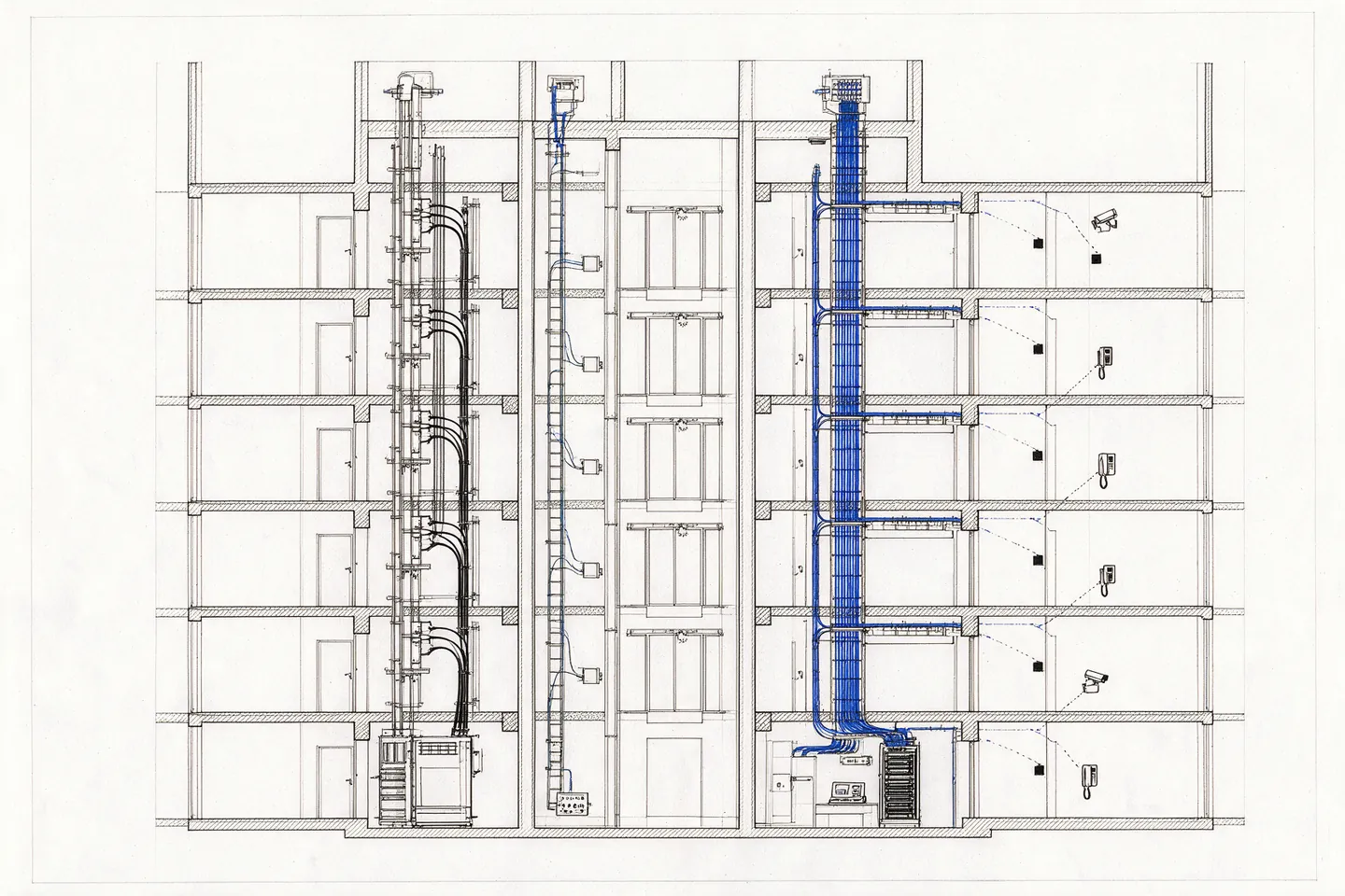Illustrative section through a tower core with three service shafts side by side: power, telecoms and ELV cabling branching to each floor.