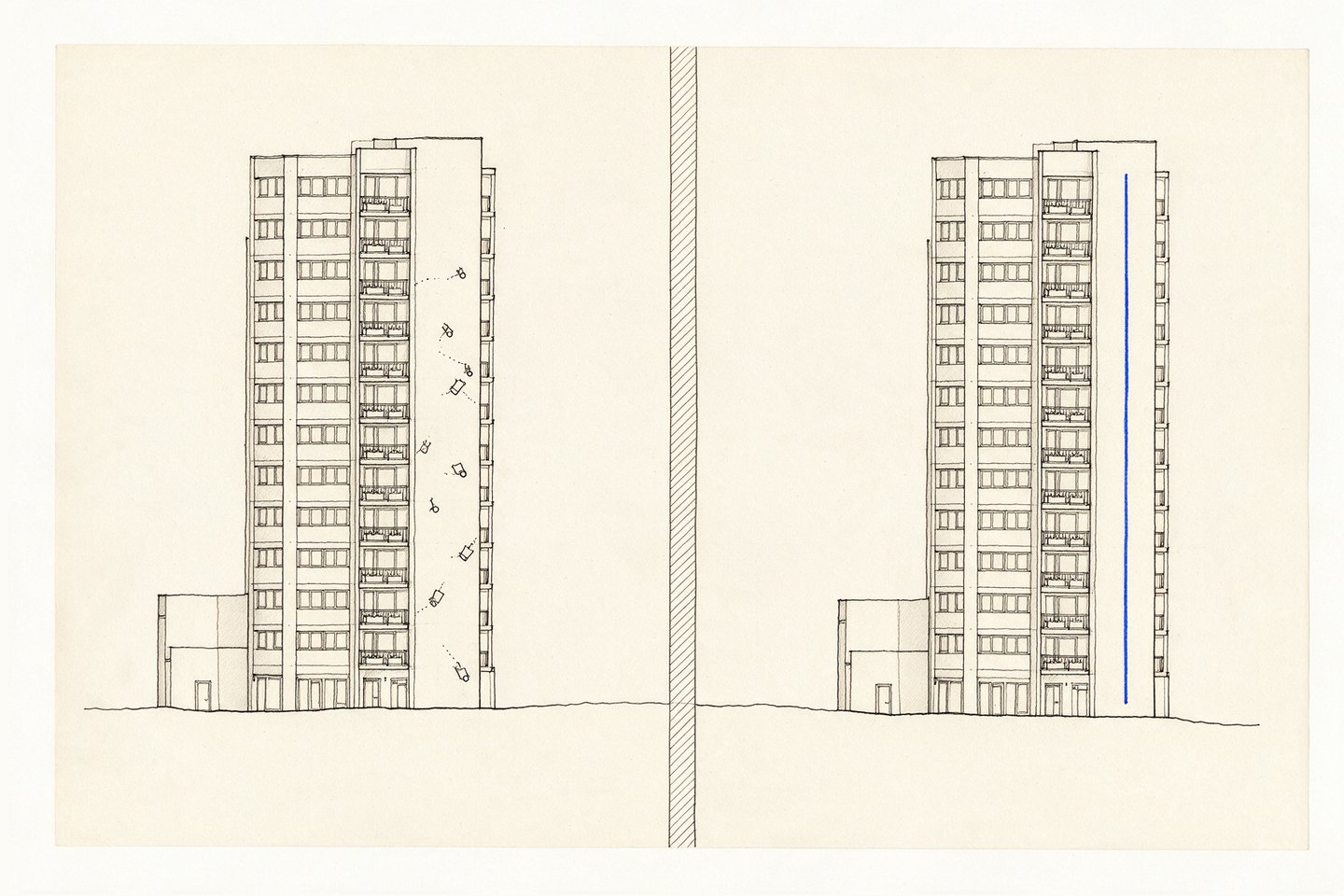 The same building drawn twice on one datum. On the left, devices replaced one at a time; on the right, a whole system line replaced at once. Which of those two a job counts as is what decides which fund pays for it.
