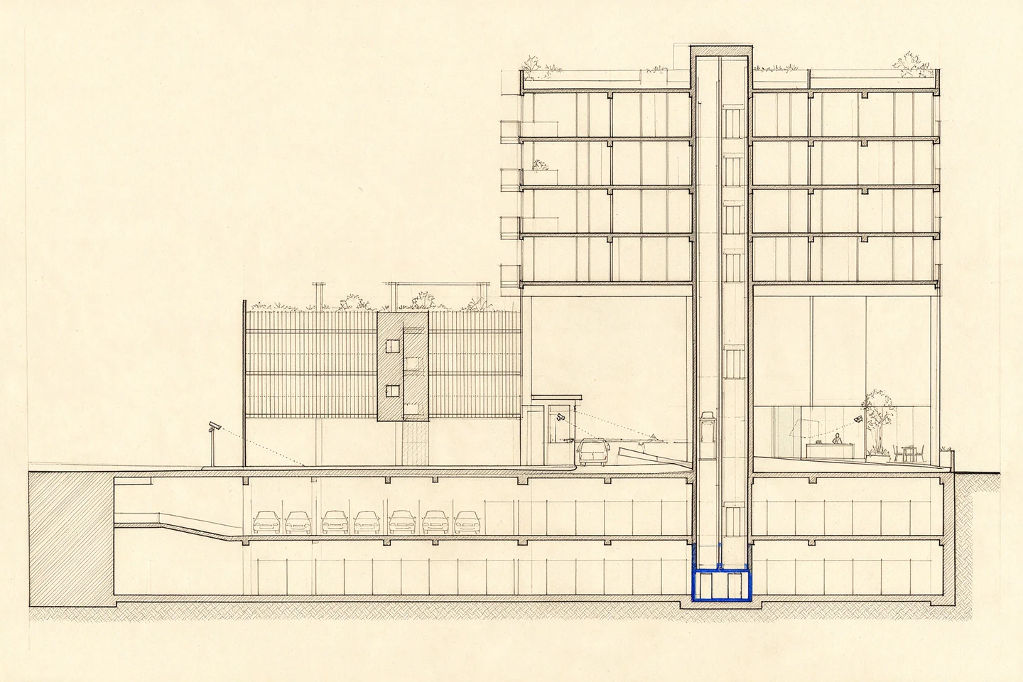 Measured section through a KLCC condominium and its podium: street camera, gate house, visitor counter, basement levels and the residential lift lobby.