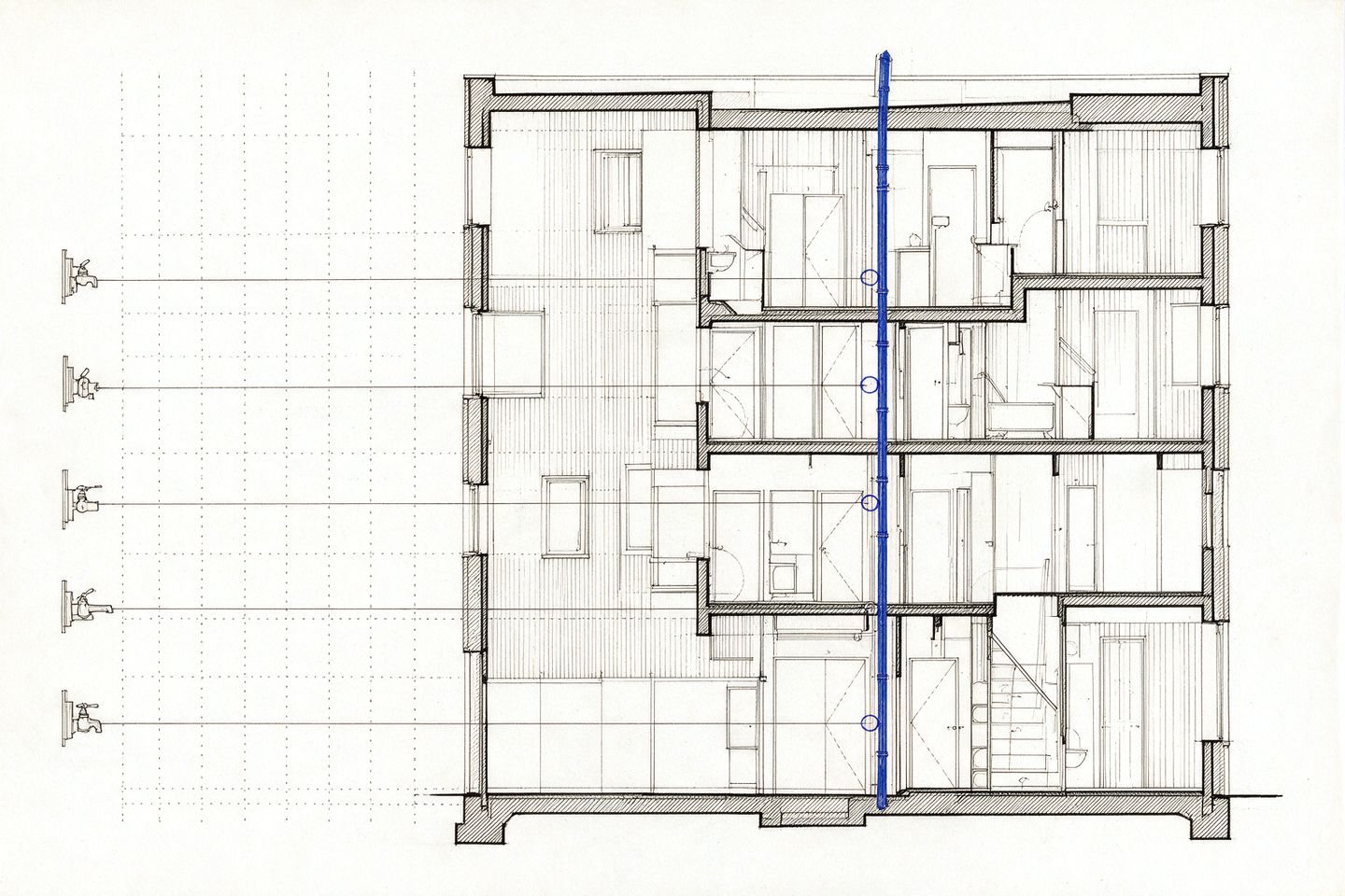 A tower in section with one service riser marked. Five system lines run in from the left and converge on that riser, showing the shared layer no single system owns.