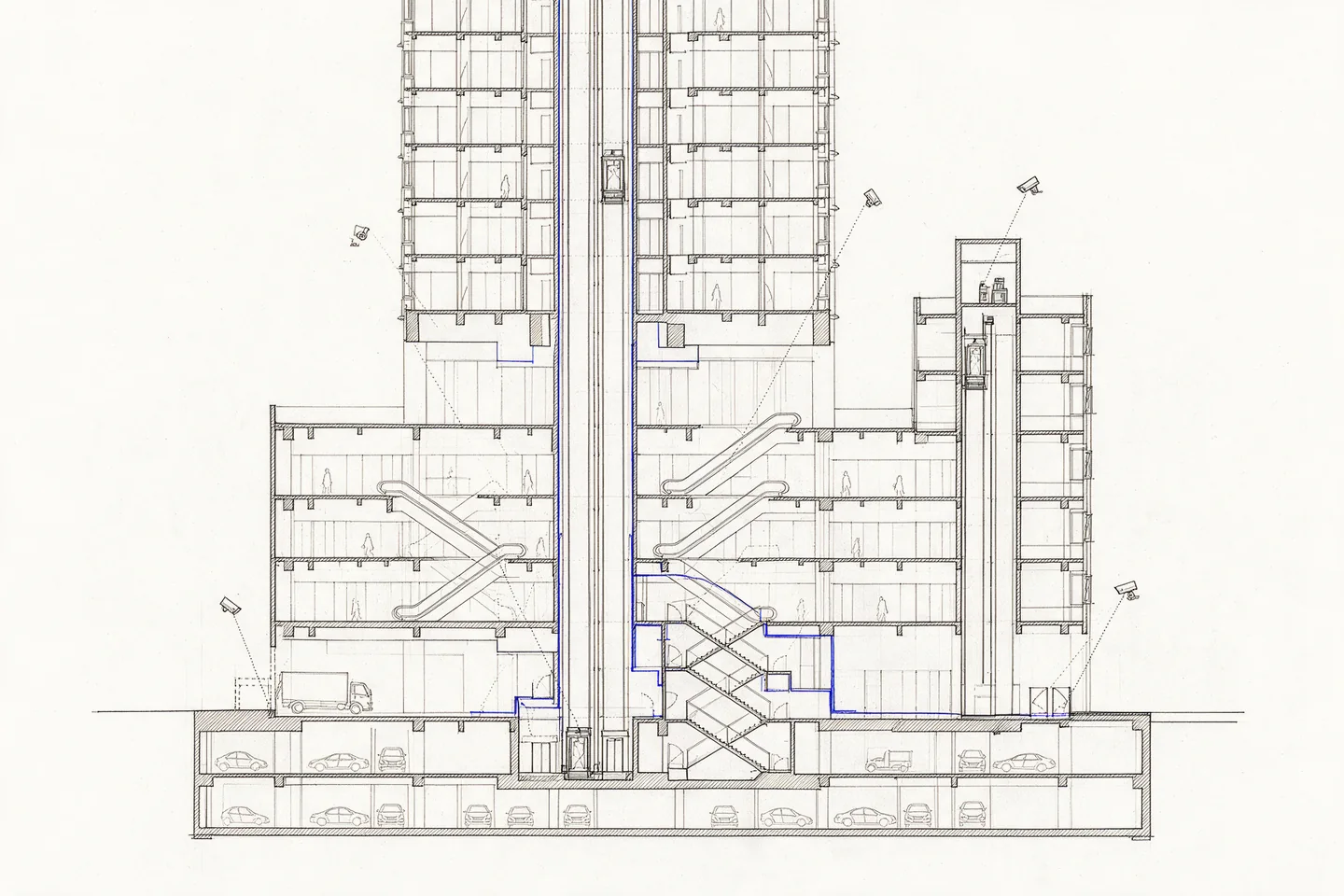 Illustrative section drawing of a residential tower above a retail podium and basement car park, with shared lifts, stair and cameras.