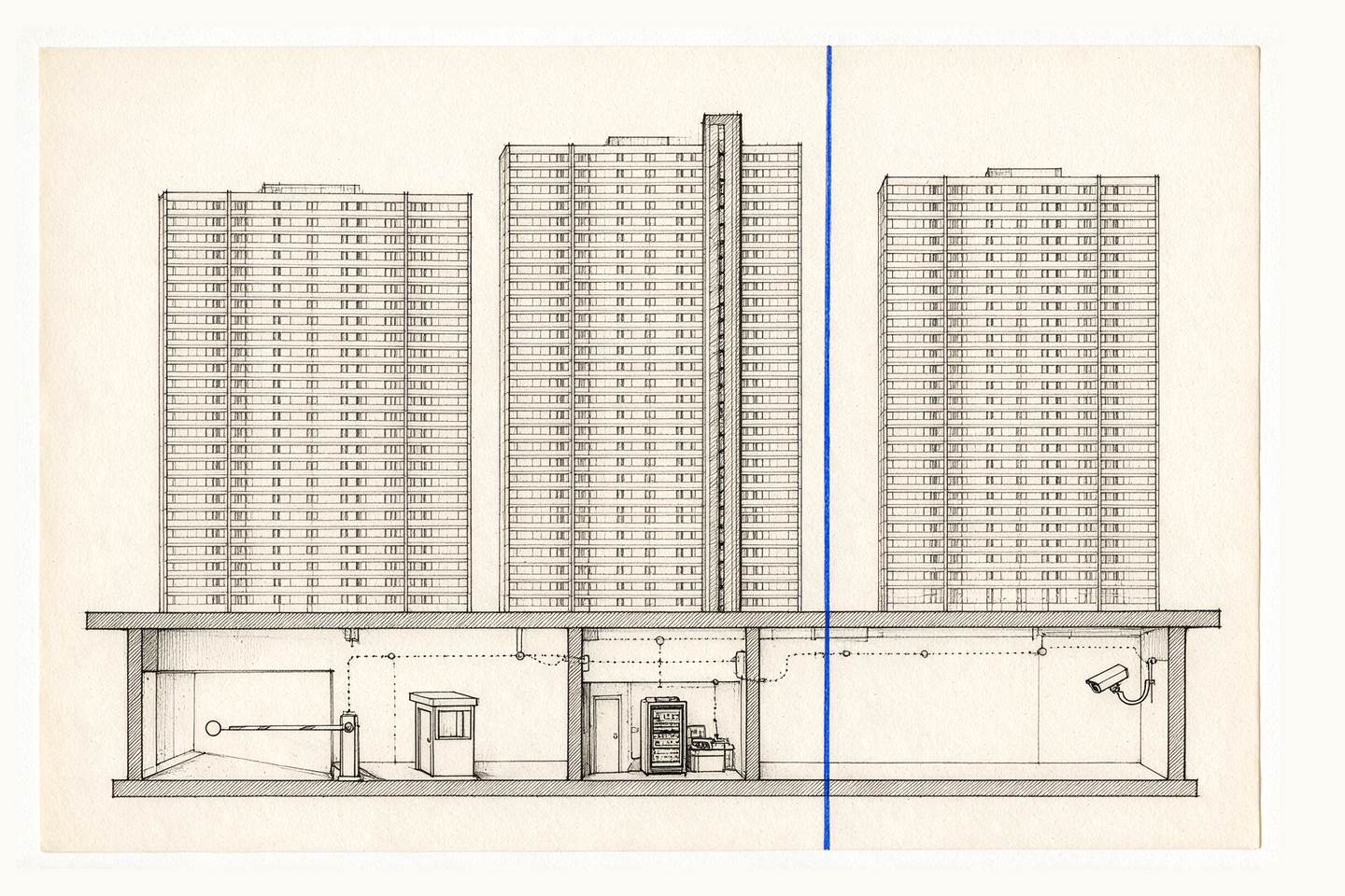 Three Mont Kiara condominium blocks on one podium, with barrier, guardhouse, recorder and camera drawn in the podium section.