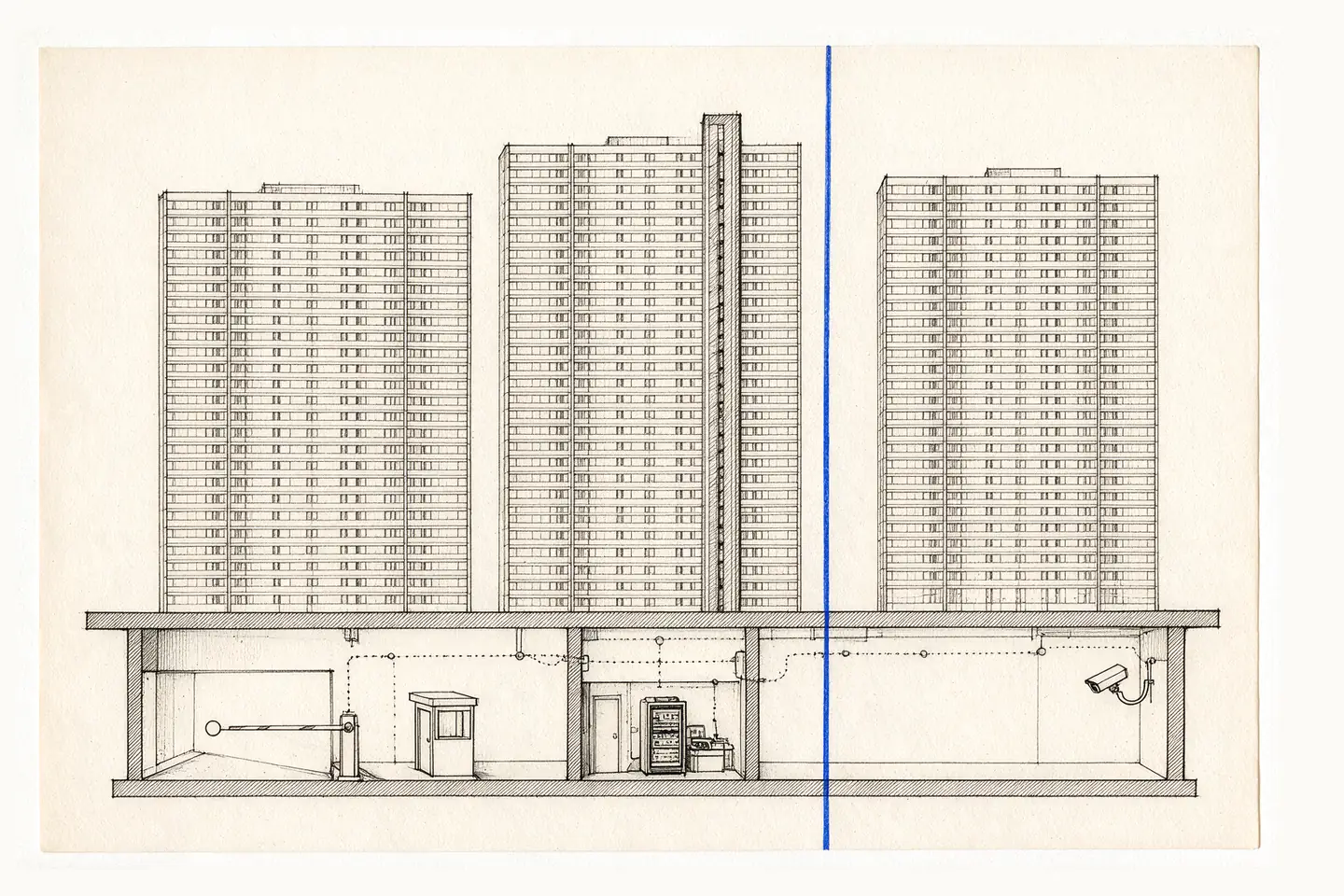 Three Mont Kiara condominium blocks on one podium, with barrier, guardhouse, recorder and camera drawn in the podium section.