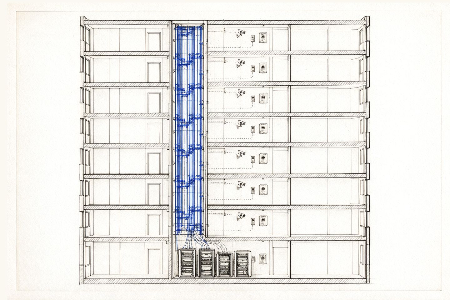 Section through a tower: four separate equipment cabinets in the plant room, their cable runs converging into one shared vertical riser.