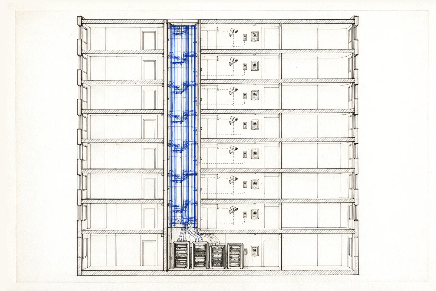 Section through a tower: four separate equipment cabinets in the plant room, their cable runs converging into one shared vertical riser.