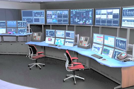 Security control room with a wall of monitors